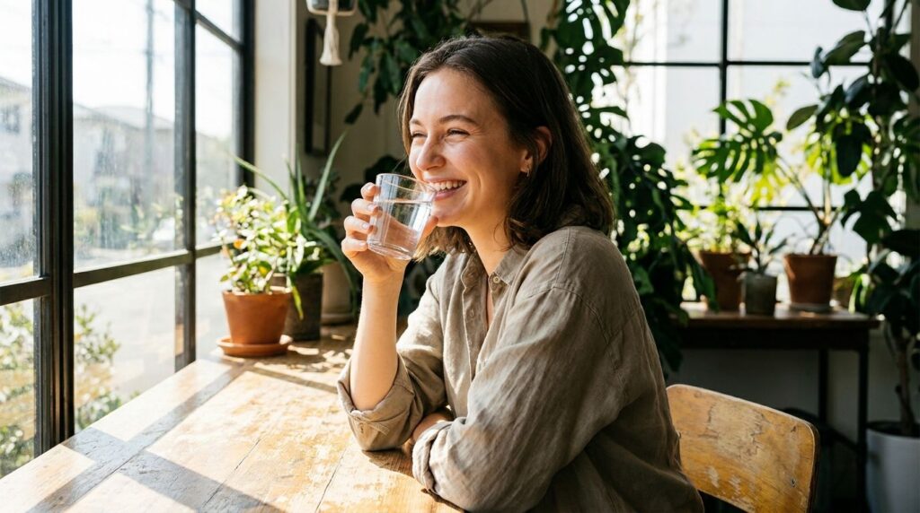 A woman smiling and drinking water highlighting healthy habits for glowing skin