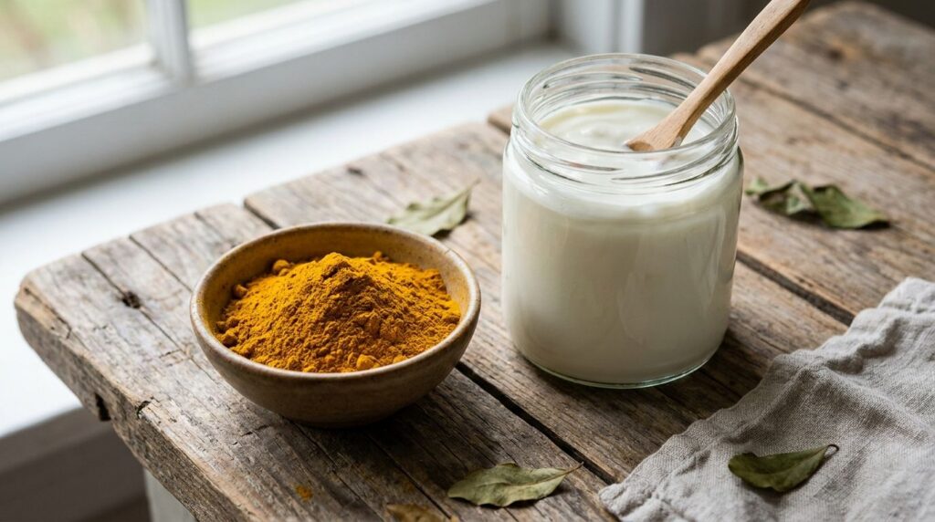 A bowl of golden turmeric powder with a spoon next to a container of plain yogurt suggesting ingredients for a face mask
