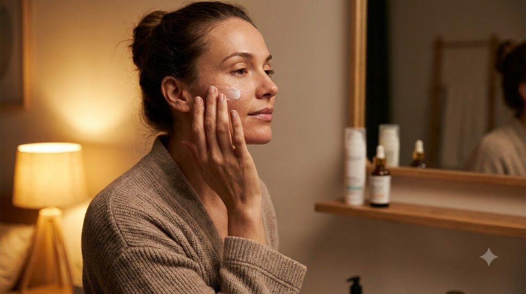 A woman gently applying the homemade Vaseline and Dexpanthenol cream to her face at night her skin looking soft and hydr