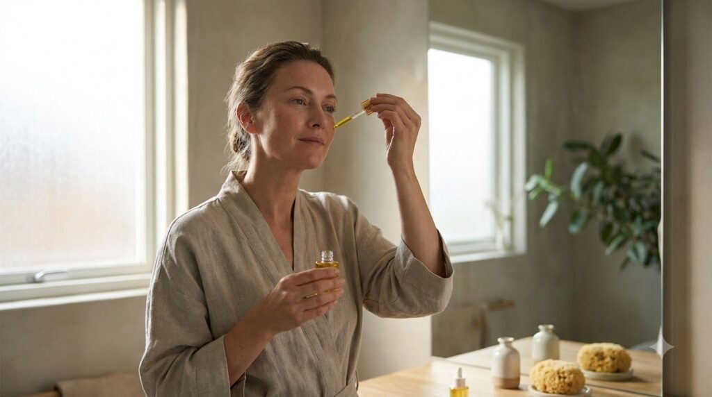 A woman gently applying a natural oil to her face with her fingertips focusing on areas prone to fine lines The scene is