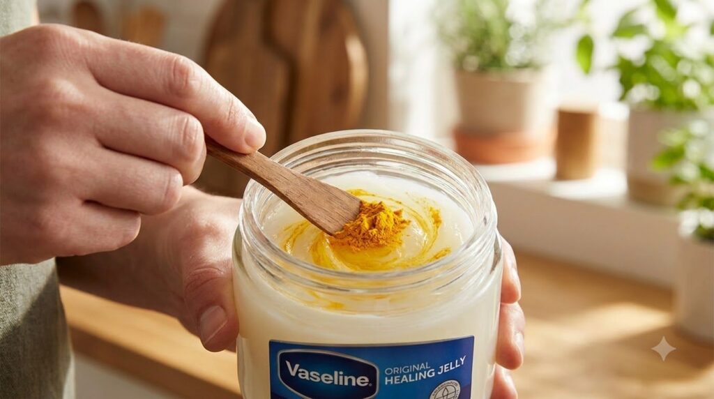 A close-up of a hand mixing turmeric powder into a small jar of Vaseline creating a golden balm The setting is natural a
