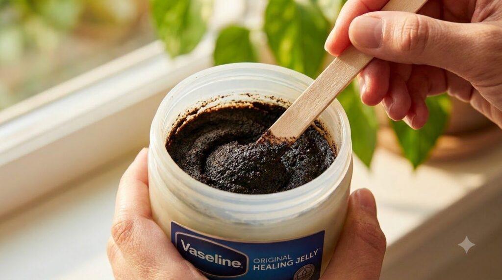 A close-up of a hand mixing fine coffee grounds into a small jar of Vaseline creating an under-eye balm The setting is b