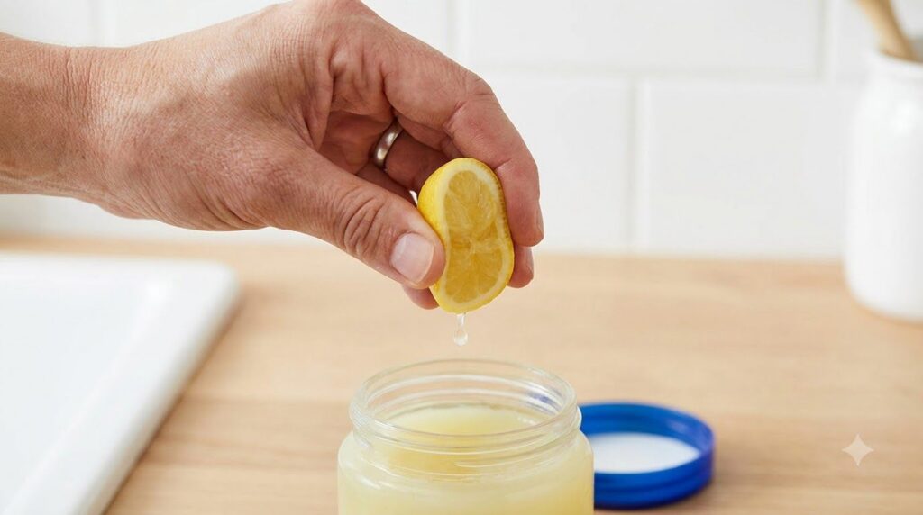 A close-up of a hand adding a tiny drop of lemon juice to a jar of Vaseline preparing a spot treatment The scene is brig
