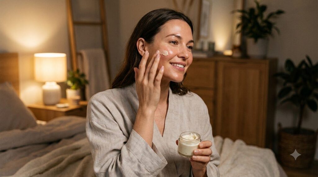 A woman gently applying a homemade cream to her face before bed her skin looking soft and radiant in soft lighting