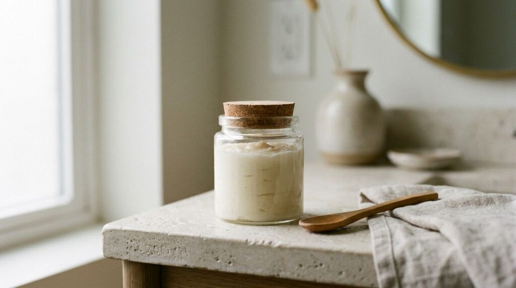 A small elegant glass jar filled with the freshly made Vaseline and colloidal oatmeal skin cream on a minimalist vanity