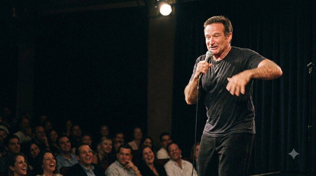 Robin Williams performing stand-up comedy with his characteristic high energy microphone in hand on a stage with a spotl