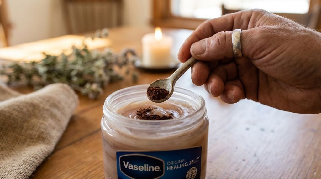 A close-up of a hand mixing fine clove powder into a small jar of Vaseline creating a firming balm The scene is cozy wit