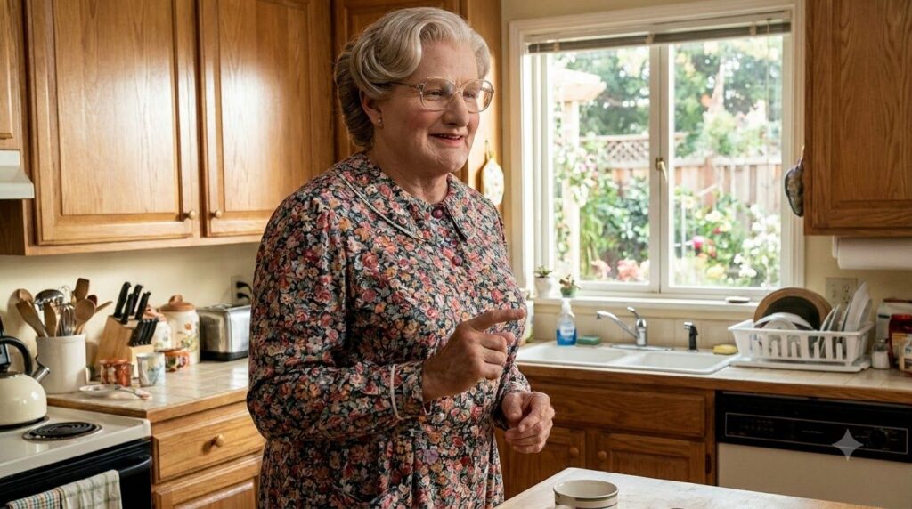 Robin Williams dressed as Mrs Doubtfire wearing a wig and makeup smiling warmly