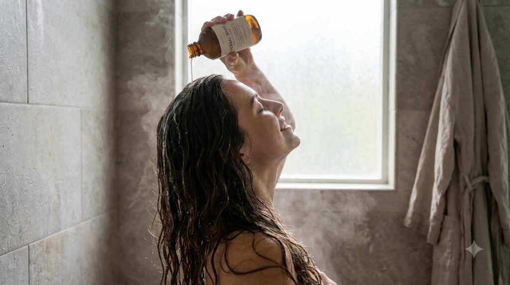 A person gently pouring or spraying red onion hair rinse onto their scalp and hair during a shower The person has health