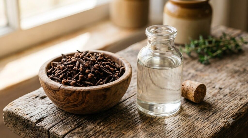 A close-up of whole cloves in a small wooden bowl next to a clear glass bottle of baby oil ready for infusion