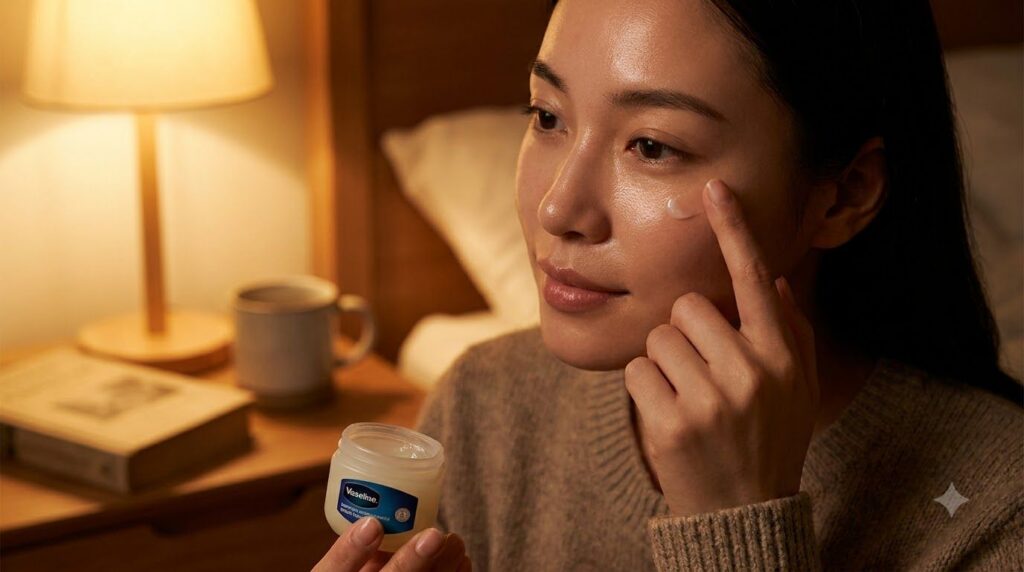 A person gently applying a thin layer of Vaseline to their face or under their eyes at night demonstrating its use as a 