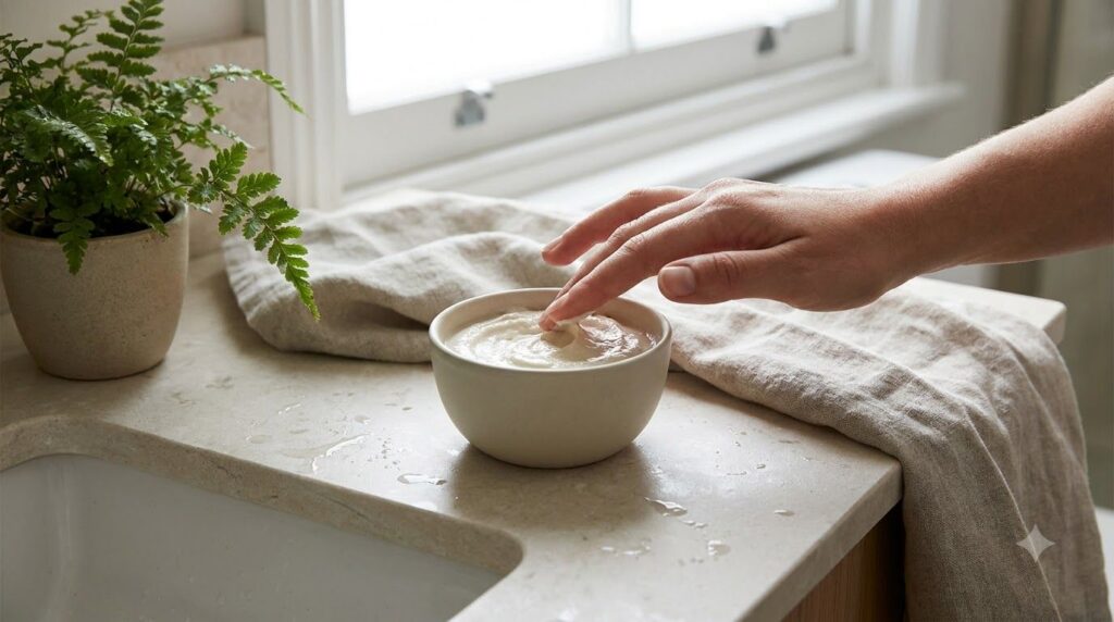 A small bowl containing a mixture of baking soda and water or cleanser with a cautious hand hovering representing carefu