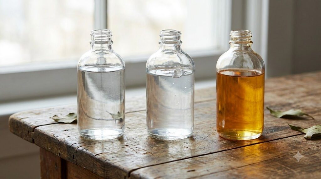 Three small glass bottles one containing clear vegetable glycerin one with a slightly thicker hyaluronic acid gel and on