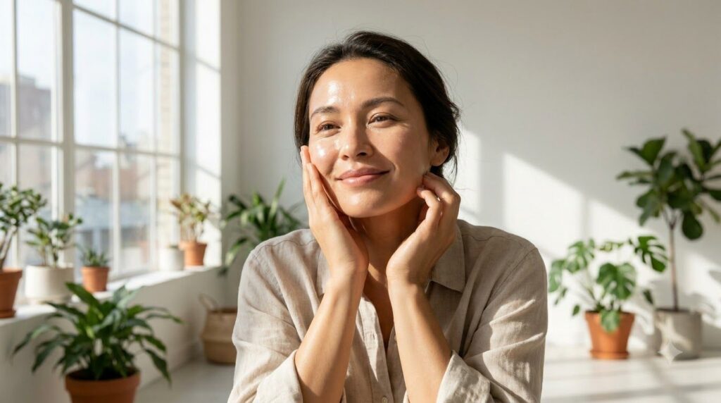 A woman with glowing smooth and radiant skin gently touching her cheek smiling slightly in a bright natural light settin