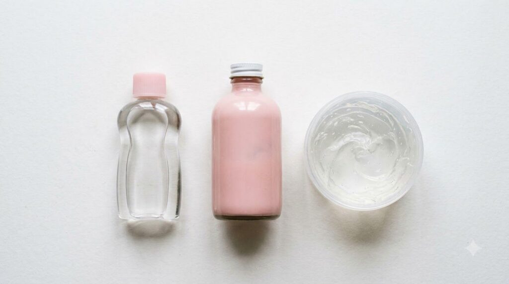 Individual ingredients a small bottle of Johnson s baby oil a bottle of pink calamine lotion and a container of clear al
