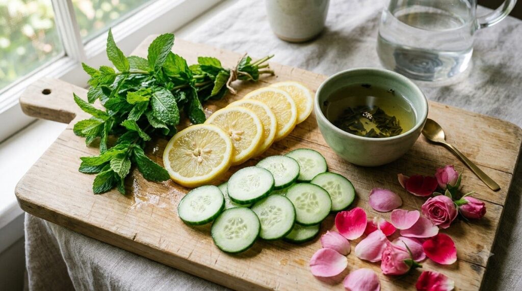 Various natural ingredients for DIY ice cubes arranged on a wooden board fresh mint leaves sliced lemon cucumber slices 