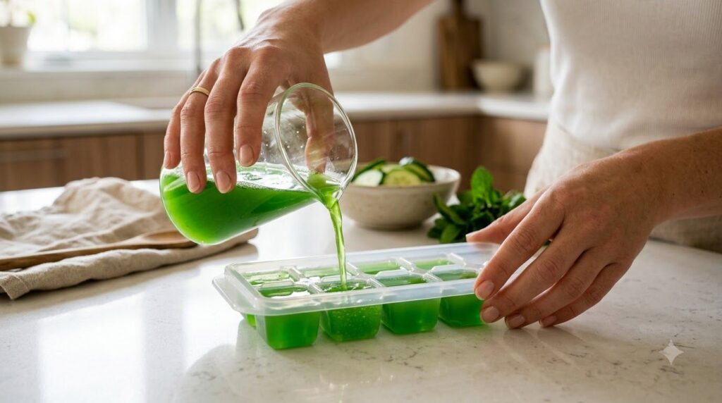 A person s hands pouring a green liquid mixture possibly made from cucumber or green tea into an ice cube tray
