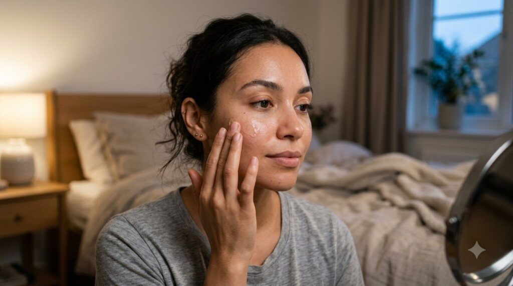 A woman applying a small amount of DIY gel to her clean face before bedtime with a gentle glowing expression