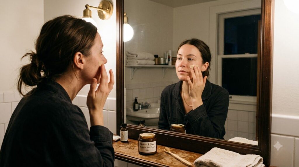 A woman gently applying a small amount of a mixed cream representing Vaseline and Vitamin E to her face at night in a so