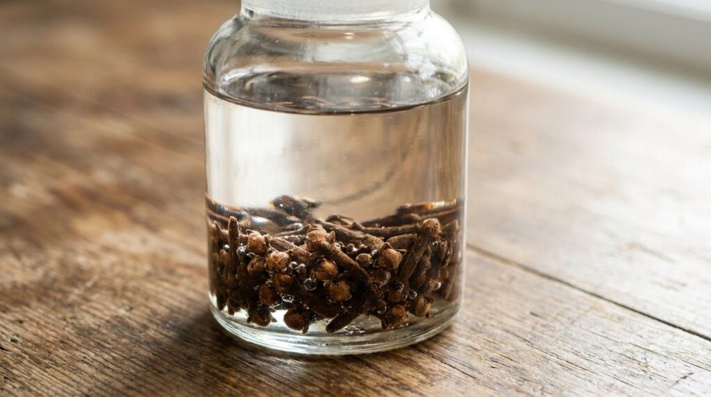 A close-up of a clear glass jar filled with baby oil and whole cloves infusing near a window with soft light