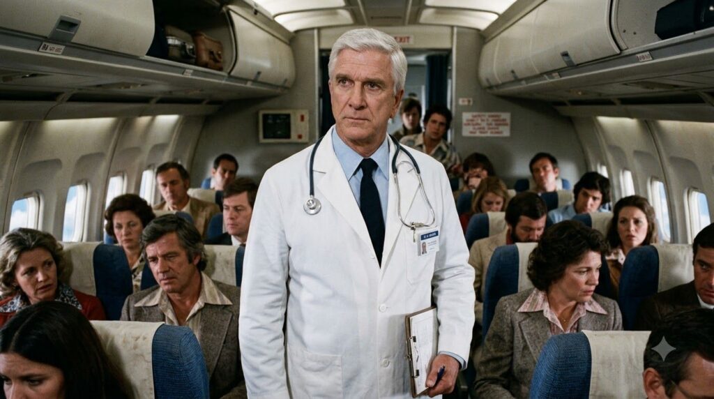 Leslie Nielsen as Dr Rumack in the movie Airplane wearing a white doctor s coat and a serious expression
