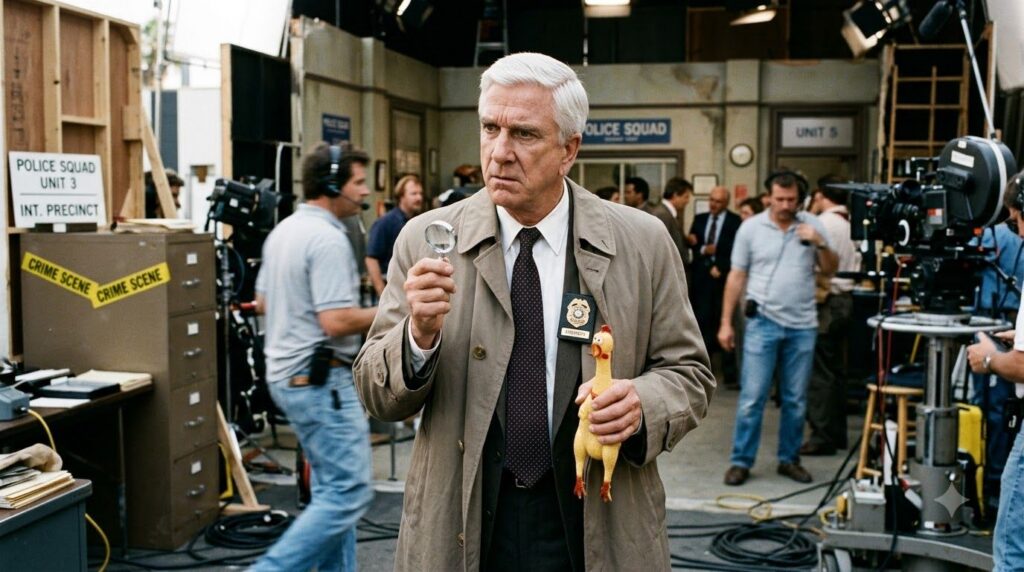 Leslie Nielsen as Lt Frank Drebin from The Naked Gun looking stern and holding a prop in a comedic scene