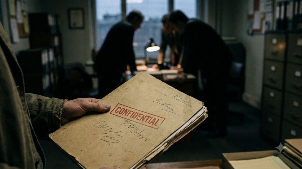 A hand holding a manila folder labeled Confidential with blurred figures of people in the background suggesting a discov