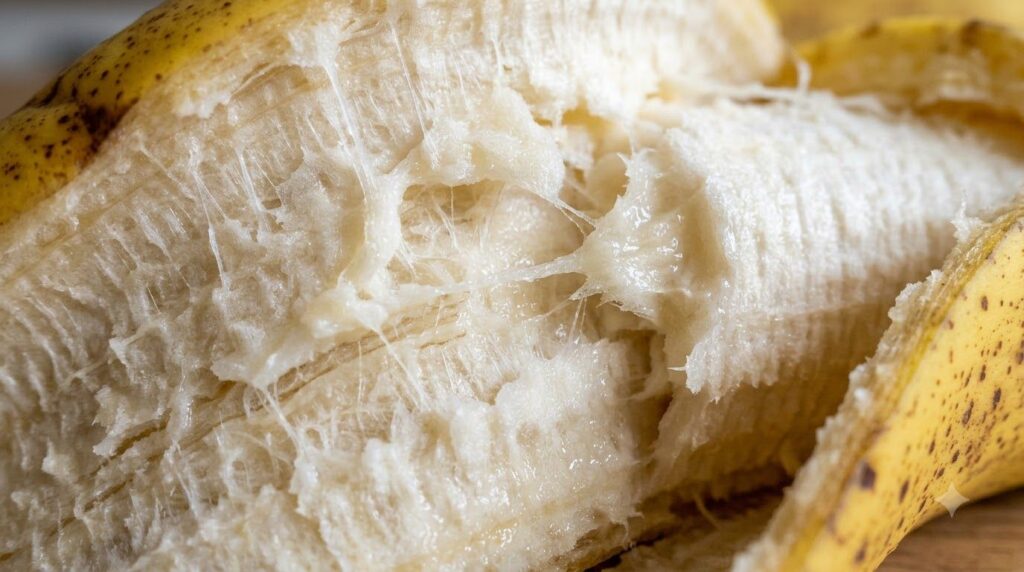 Close-up of the inside of a ripe banana peel showing its slightly moist and fibrous texture The peel is yellow with some