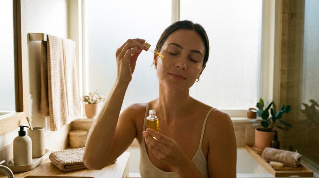 A woman gently massaging a few drops of homemade facial oil onto her clean face with soft glowing skin in a warm well-li
