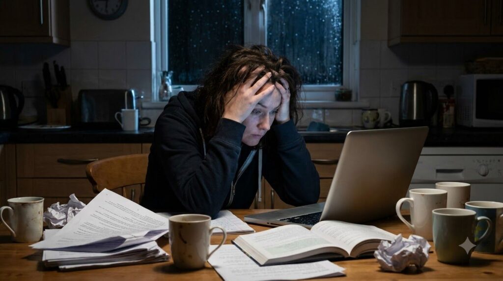 A woman looking utterly exhausted sitting at a kitchen table late at night a laptop open in front of her papers scattere