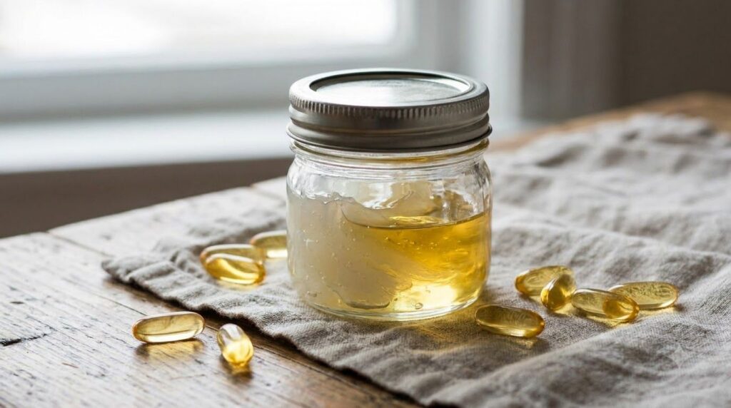 A close-up of a small glass jar containing a mixture of Vaseline and a golden liquid representing Vitamin E oil with a f