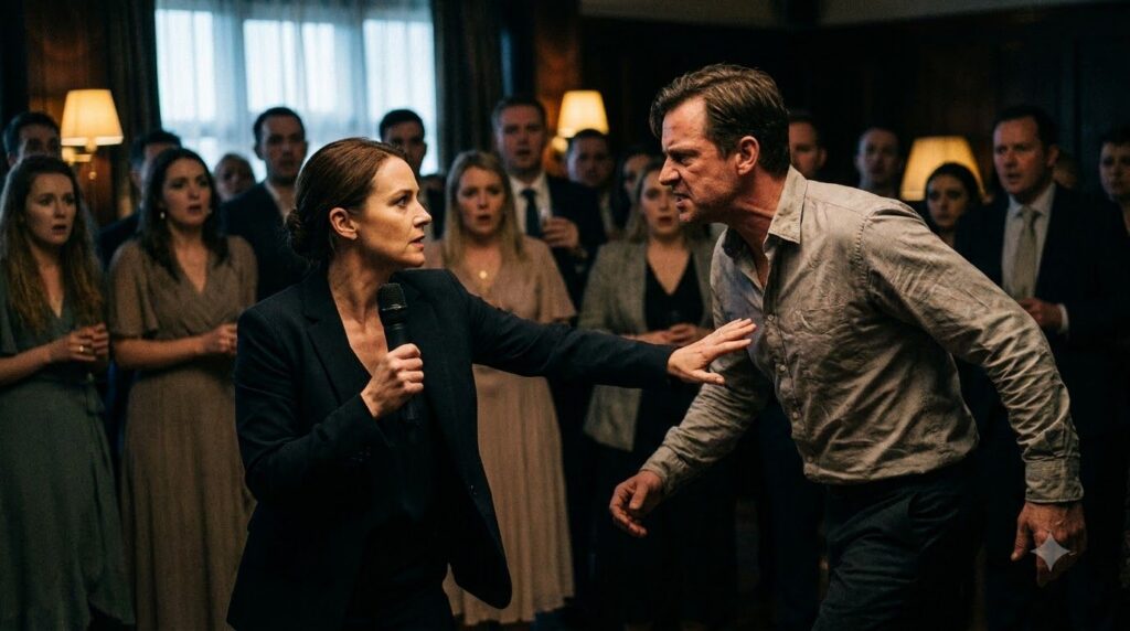 A woman holding a microphone her expression a mix of defiance and pain staring directly at her husband who is approachin