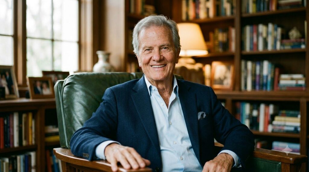 A vibrant full-color portrait of a mature Pat Boone smiling warmly looking distinguished and timeless perhaps in a more 