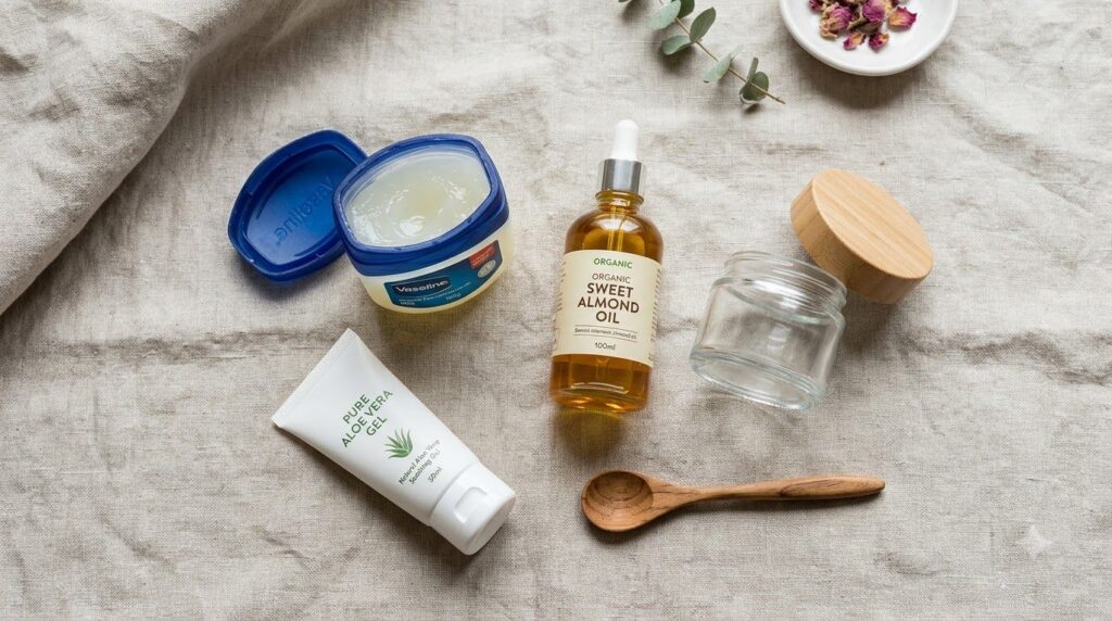 Ingredients for DIY Vaseline cream laid out a jar of Vaseline a small bottle of almond oil and aloe vera gel next to a s