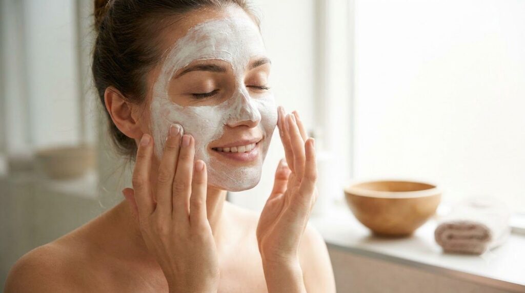 A close-up shot of a woman gently applying a white DIY face mask to her clean face with her fingertips Her eyes are clos