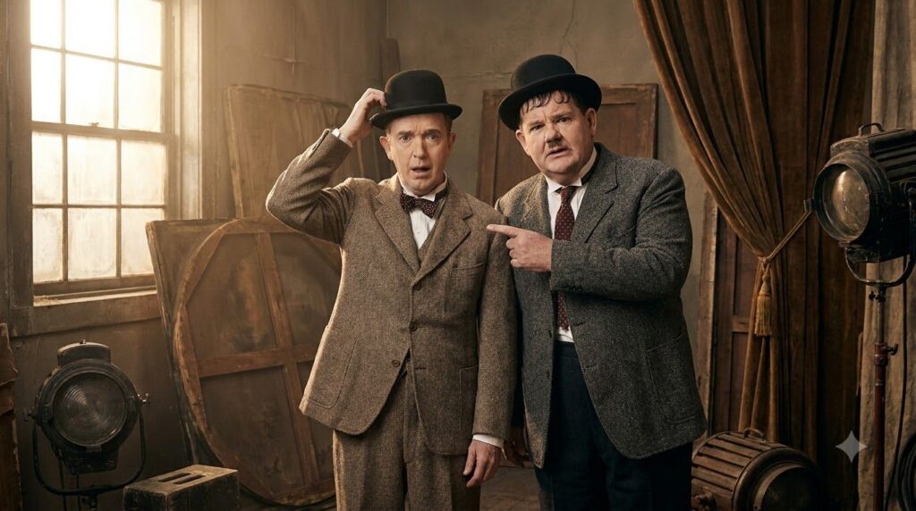 Stan Laurel and Oliver Hardy together wearing bowler hats and looking surprised or confused during a comedic scene