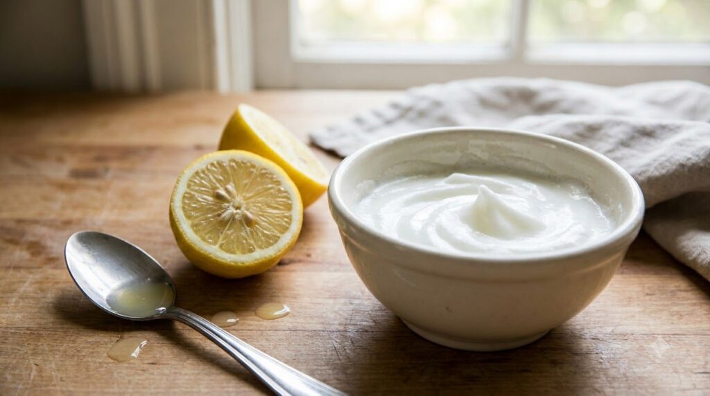 Ingredients for an egg white and lemon face mask a bowl with whisked egg white a lemon cut in half and a small spoon of 