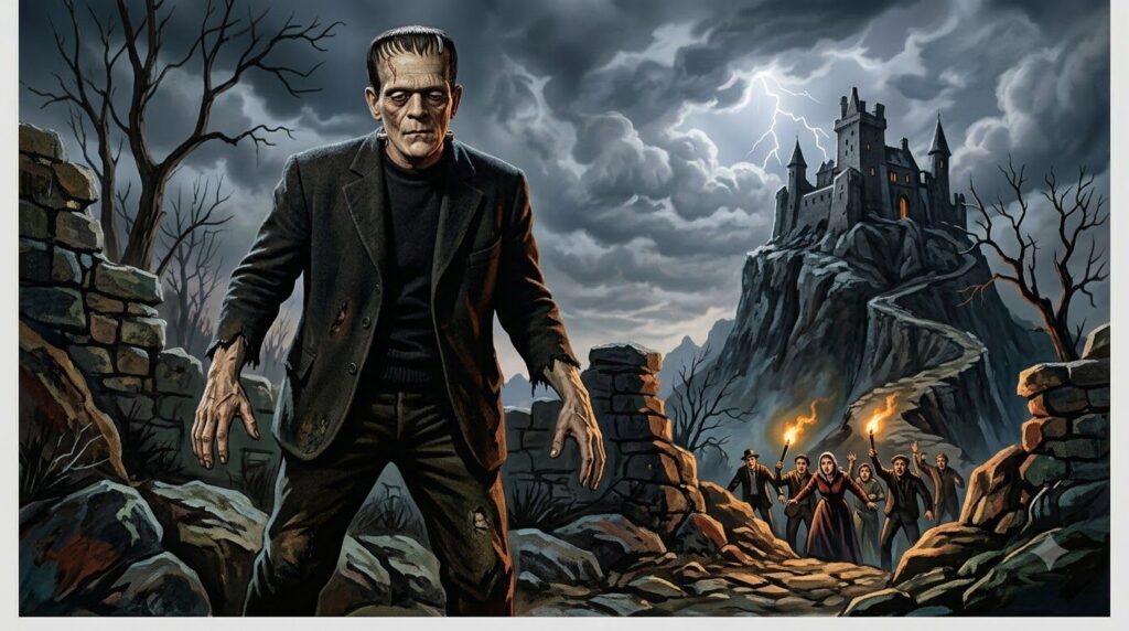 A classic movie poster featuring Boris Karloff as Frankenstein s Monster showing his iconic heavily made-up face