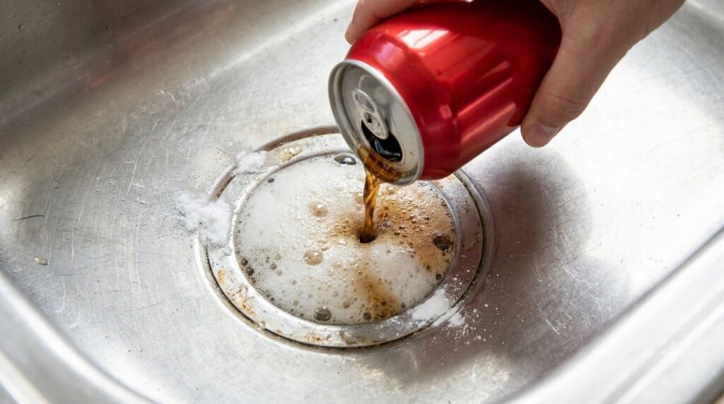 A close-up shot of an active fizzy reaction in a sink drain with baking soda and Coca-Cola with bubbles rising A hand is