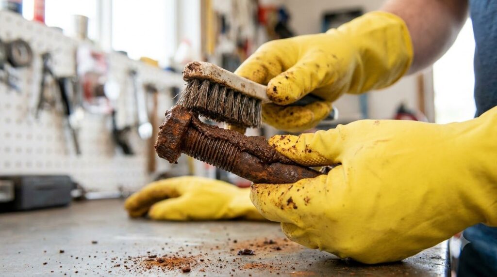 Close-up of a person wearing gloves scrubbing a rusty metal object with a brush after applying a paste of Coca-Cola and 