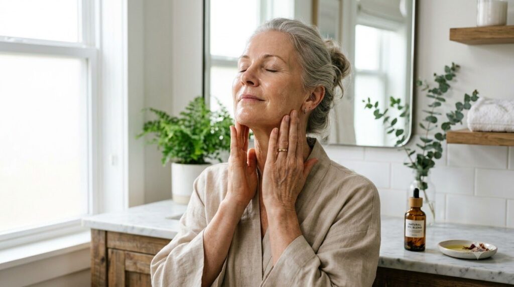 A woman gently massaging a natural oil blend onto her face and neck after cleansing with a serene expression