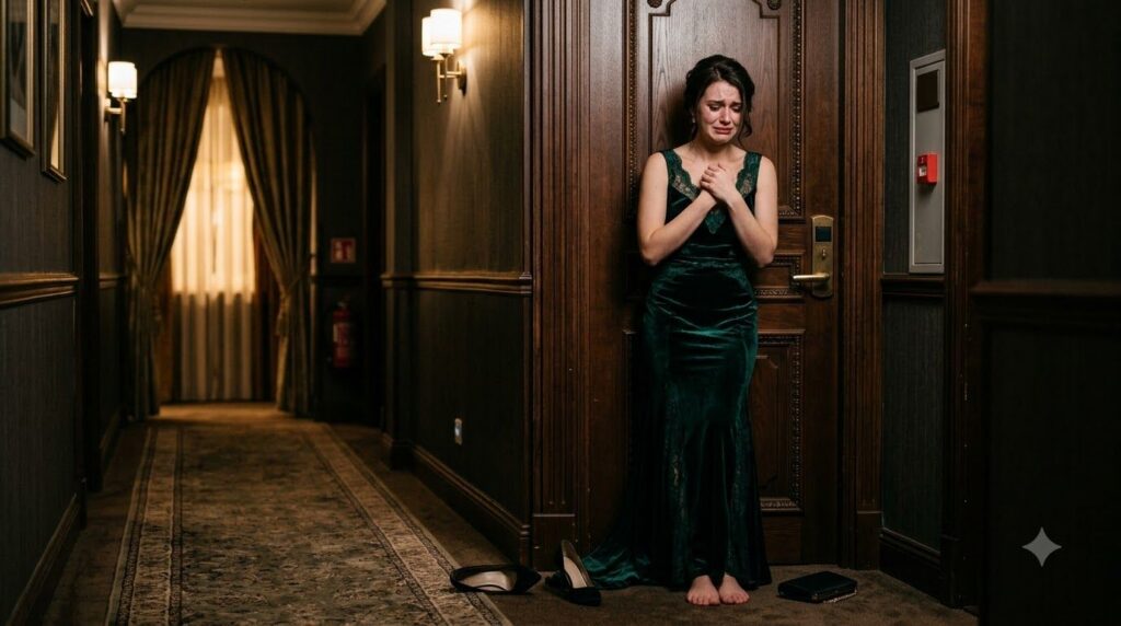 A woman stands alone in a dimly lit elegant hotel service hallway looking distraught and contemplative the sounds of a p