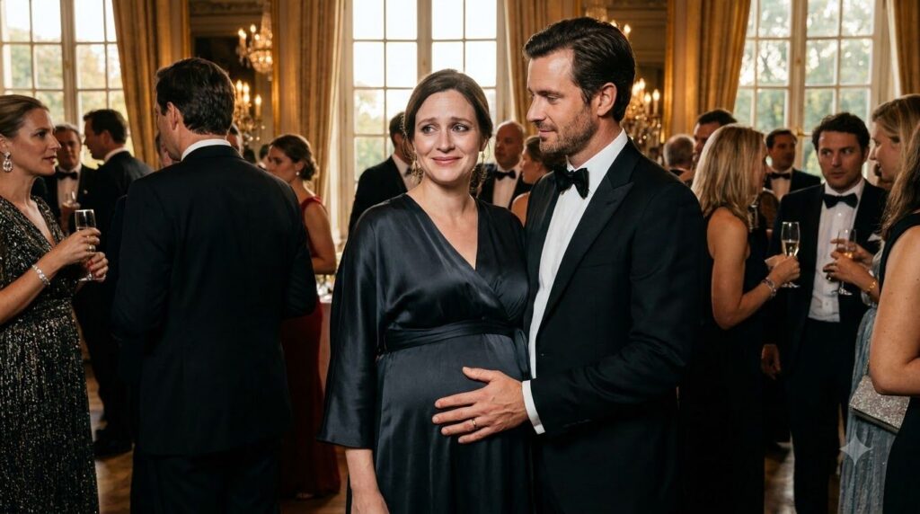A pregnant woman in an elegant gown forcing a serene smile while her husband gently touches her stomach both surrounded 