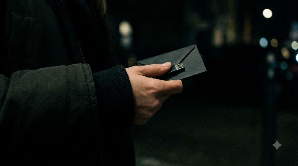 A close-up of a woman s hand secretly holding a USB drive or a stack of sensitive documents partially hidden suggesting 