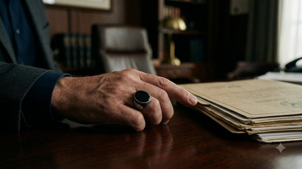 A close-up of a hand wearing a thick black onyx ring gesturing towards a stack of documents on a desk implying a secret 