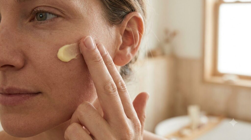 A person gently applying a small amount of the homemade Vaseline and lemon cream to their face focusing on areas with fi