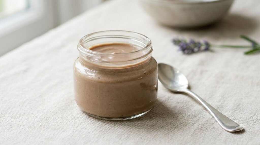 A close-up of a small glass jar filled with a freshly mixed light brown DIY cream with a spoon resting beside it