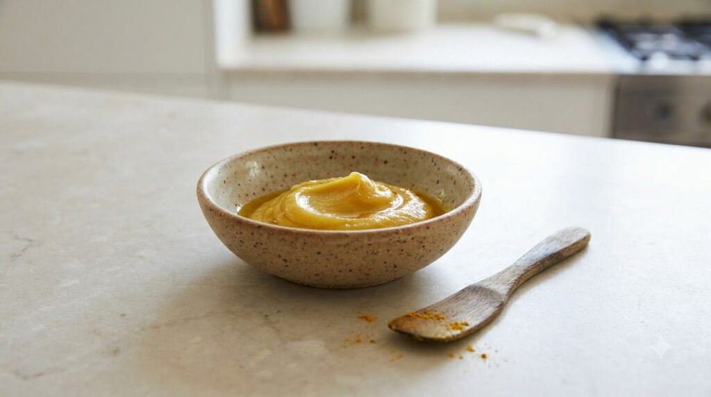 A close-up shot of a small bowl containing the mixed DIY face mask a smooth yellowish paste of Vaseline turmeric and clo