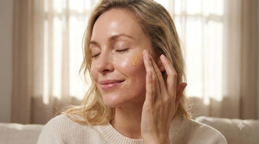 A woman gently massaging a small amount of oil serum onto her cheek with a luminous soft glow on her skin Her eyes are c