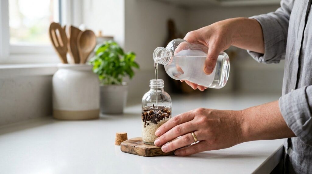 Hands pouring baby oil into a small glass bottle already containing rice and cloves The setting is a clean kitchen count